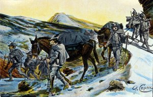 الحرب العالمية الأولى: مجموعة من صيادي جبال الألب الإيطاليين اعترافًا ببغالهم في عام 1915. رسم بواسطة كوينتو سيني (1845-1917) بواسطة كوينتو سيني