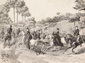 Hunting trip by the Milanese hunt, Italy, engraving from drawing by Quinto Cenni, from L