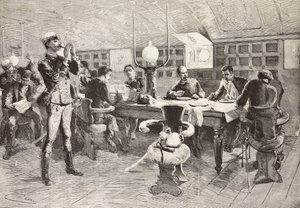Italian officers inside cabin on ship Gottardo, Italian expedition in Red Sea, engraving from drawing by Quinto Cenni and sketch by Dante Paolocci, from L