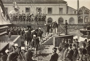Italian soldiers boarding ship Washington, Naples, Italy, third Italian expedition in Red Sea, engraving from drawing by Quinto Cenni and sketch by M Del Don, from L