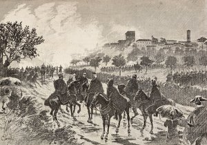 Italian soldiers on horseback moving from Copreno to Cermenate, Italy, engraving from a drawing by Quinto Cenni, from L