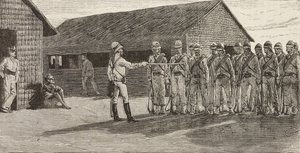 Italian soldiers standing in formation, Massawa, Eritrea, engraving from a drawing by Quinto Cenni and a sketch by Pieragostini, from L