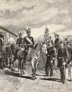 الجيش الياباني: جنود مشاة ، رؤساء أركان ، لواء ، سلاح فرسان ، نائب أميرال ، نقيب مشاة ، مدفعي ، اليابان ، نقش من رسم كوينتو سيني ، من L