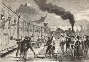 Men and women saying goodbye to Italian soldiers leaving from Cassino railway station, Italy, engraving from drawing by Quinto Cenni and sketch by M Dal Don, from L