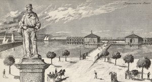 نصب تذكاري لذكرى جوزيبي غاريبالدي (1807-1882) ، سياسي إيطالي ووطني ، ومؤسسة للاستحمام في الخلفية ، سيسيناتيكو ، إيطاليا بواسطة كوينتو سيني