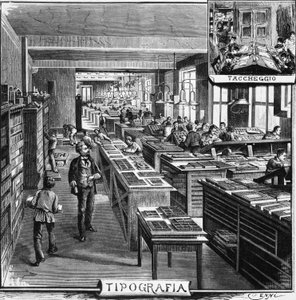 Offices of Treves brothers, typography and overlaying, Milan, Italy, illustration by Quinto Cenni (1845-1917) from L