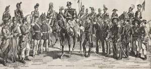 Piedmontese army in 1859: infantrymen, artillerymen, engineers, grenadiers, officers, generals, spearmen, cavalrymen, rifleman, engraving from drawing by Quinto Cenni, from L