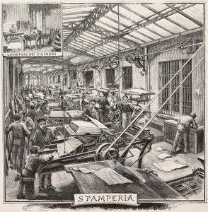 Printing house in Fratelli Treves publishing house, Milan, Italy, engraving from drawing by Quinto Cenni, from L