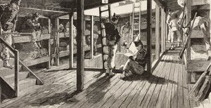 Soldiers below deck in dormitory, ship Principe Amedeo, Italian expedition in Red Sea, Italy, engraving from drawing by Quinto Cenni and sketch by M Dal Don, from L