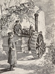 مهندسان عسكريان إيطاليان على قاطرة طريق ، بزيهما الجديد ، نقش من رسم كوينتو سيني ، من L'Illustrazione Italiana ، السنة 12 ، رقم 47 ، 22 نوفمبر بواسطة كوينتو سيني