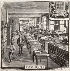 Typography in Fratelli Treves publishing house, Milan, Italy, engraving from drawing by Quinto Cenni, from L