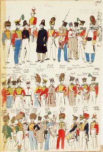 Various uniforms, dating from 1826 to 1829. Color plate by Cenni Quinto بواسطة كوينتو سيني