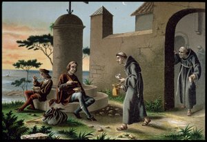 وصول كريستوفر كولومبوس (1451-1506) مع ابنه إلى دير لا رابيدا ، من اكتشاف أمريكا ، نُشر في برشلونة عام 1878 (حجر ملون) بواسطة آر بويغاري