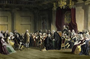 بنجامين فرانكلين (1706-1790) ، فيلسوف وفيزيائي ورجل دولة أمريكي أمام مجلس اللوردات في مجلس الملكة الخاص ، وايتهول تشابل ، لندن بواسطة ر. وايتشيرتش