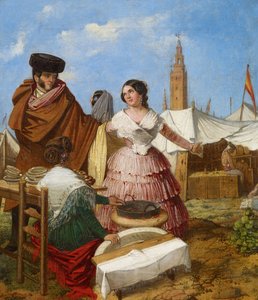 التودد في كشك المعجنات على شكل حلقة في معرض إشبيلية - بنجوميا ، رافائيل (حوالي 1825 - 1887) - 1852 - زيت على قماش - 35 × 30 - متحف كارمن تيسن ، ملقة بواسطة رافائيل بنجوميا