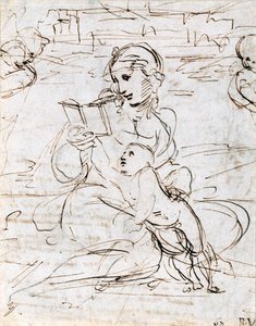 قراءة مادونا والطفل في المناظر الطبيعية بين رأسين Cherub ، 1509 بواسطة رافايللو سانزيو رافائيل