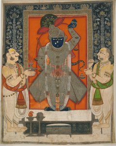 الكهنة يعبدون كريشنا في صورة شريناثجي لمهرجان جبل الطعام [Annakuta utsava] ؛ ضريح معلق [pichhavai] بواسطة مدرسة راجستان كوتا