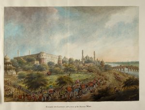 دخول حزب اللورد هاستينغز مدينة لكناو على ظهر الفيل ، حوالي 1814-15 (ألوان مائية على ورق)