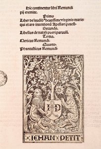 صفحة المخطوطة "De Laudibus Beatissimae Virginis Mariae" لرامون لول (1235-1315) ، تصور أسدين يحملان شعار النبالة للطابعة جيهان بيتي بواسطة رامون لول