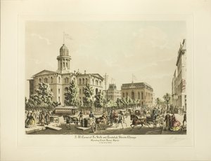 الزاوية الشمالية الغربية من LaSalle و Randolph ، شيكاغو ، تظهر ساحة المحكمة في عام 1864 بواسطة راؤول فارين