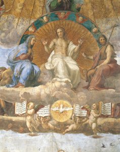 Christ flanked by the Blessed Virgin Mary and John the Baptist, detail of the Disputation of the Holy Sacrament بواسطة رافائيل
