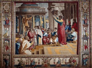 الرسول القديس بولس يكرز في طائرة Athenes Tapestry بعد الرسم على الورق المقوى بواسطة Raffaello Sanzio dit Raphael (1483-1520) ، بداية القرن السادس عشر. 4،95 × 6،45 م مانتوا ، قصر دوقي (مانتوفا) بواسطة بعد رافائيل