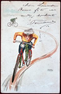 Postcard of a woman on a bicycle - drawing by R. Kirchner, c. 1900.