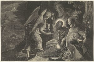 يتعزّى السيد المسيح في جثسيماني بواسطة الملاك ، القديسة دومينيك والقديسة كاترين من سيينا مرآة الطاعة Perfectissimvm Obedientiae Specvlvm (العنوان على الكائن) مرايا الطاعة والعفة والفقر (عنوان السلسلة) بواسطة رفائيل سادلر (الثاني)