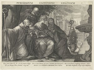 العائلة المقدسة مع القديس بنديكتوس والقديس سكولاستيكا مرآة العفة Pvrissimvm Castitatis Specvlvm (العنوان على الكائن) مرايا الطاعة والعفة والفقر (عنوان السلسلة) بواسطة رفائيل سادلر (الثاني)