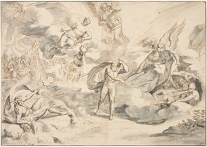 Aeolus طاعة أمر Junos لإنشاء عاصفة ، c.1683-84 (قلم وحبر مع غسل على الورق) بواسطة ريمون لافاج