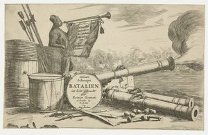 صفحة العنوان مع معدات سفينة حربية وعازف بوق اختراعات Nouvelles de Combats Navaeles par Reinier Zeeman (العنوان على الكائن) تم الكشف عن سفينة جديدة باتاليان بواسطة راينير زيمان (العنوان على الجسم) سفينة جديدة باتالي