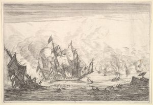 معركة بحرية مع سفينة إنجليزية تتعثر على اليسار ، من Naval Battles Nieuwe Sc ... ، 1652-54.