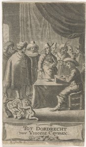 التاجر في المكتب صفحة العنوان لـ: J. van der Does e.a.، Verscheyde voyagien، orte reysen، 1652 بواسطة Reinier van Persijn