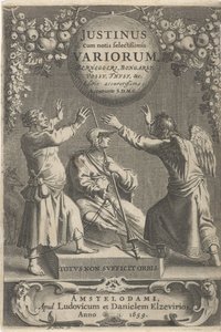 Minerva en twee geketende figuren Titelpagina for: A. Thysius، Justinus cum notis selectissimis variorum Berneggerj، Bongarsy، Vossy، Thysy، & c، 1659