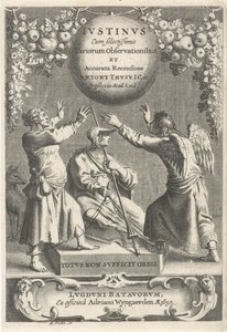 Minerva en twee geketende figuren Titelpagina for: A. Thysius، Justinus cum selectissimis variorum Observaciones et minutes recensione، 1650