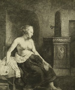 امرأة تجلس نصف يرتدي بجانب موقد ، 1658 بواسطة رامبرانت فان راين