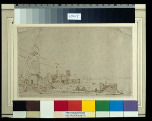 A windmill and a group of houses, c.1652-53 (reed pen & ink with wash on paper)