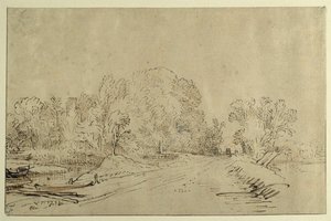 Canal with boats, a dyke road and trees (reed pen & ink with wash on paper) بواسطة رامبرانت هارمنز. فان راين