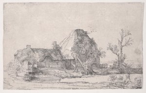 منازل الكوخ والمزرعة مع رسم رجل ، حوالي 1645 (حفر) بواسطة رامبرانت فان راين