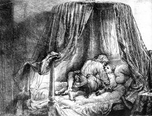 زوجان يمارسان الحب في السرير ، نقش بواسطة رامبرانت فان راين (1606-1669) 1646