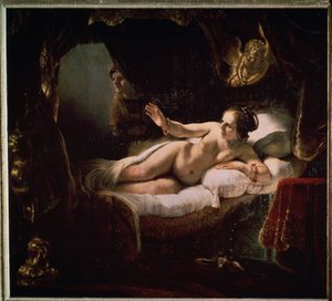 "Danae" ". الأساطير اليونانية: يقدم زيوس نفسه لدانا على شكل وابل من العملات الذهبية لإغرائها. لوحة هارمنزون فان راين المعروفة باسم رامبرانت (1606-1669)