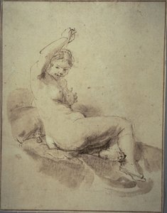 أنثى عارية متكئة وذراع مرفوعة ، حوالي 1665 (قلم وحبر بني وفرشاة وغسل بني ، على ورق مصقول أسمر)