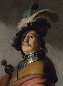 صورة لرجل مع درع صدرية وقبعة ريش - لوحة لرامبرانت فان راين (1606-1669)