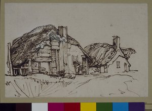 Two thatched cottages with figures at the window, c.1640 (pen & ink on paper)