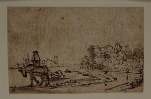 View on the Amstel, with a horse towing a barge, c.1650 (pen & ink with brown wash on paper)