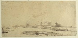 Water, meadows and a farmstead (pen & ink on paper)