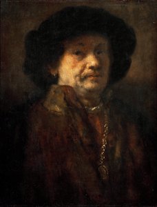 بورتريه ذاتي في معطف فرو مع سلسلة ذهبية وقرط ، من قبل رامبرانت فان راين (1606-1669). زيت على خشب بواسطة رامبرانت فان راين