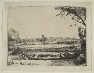 قناة بقارب كبير وجسر ، 1650. بواسطة رامبرانت فان راين