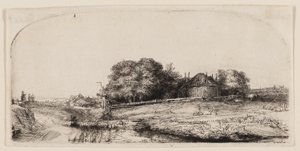 أكواخ و Hay Barn في Diemerdijk مع قطيع من الأغنام بواسطة رامبرانت فان راين