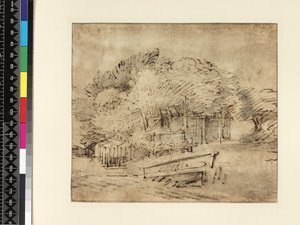 مزرعة تحت الأشجار ، مع جسر للمشاة ، c.1650 (قلم وحبر مع غسيل على الورق) بواسطة رامبرانت فان راين